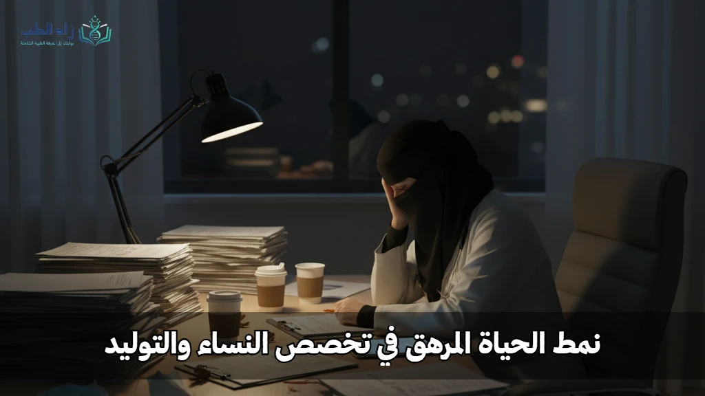 صورة معبرة عن أحد عيوب تخصص النساء والتوليد: ضغط العمل والإرهاق